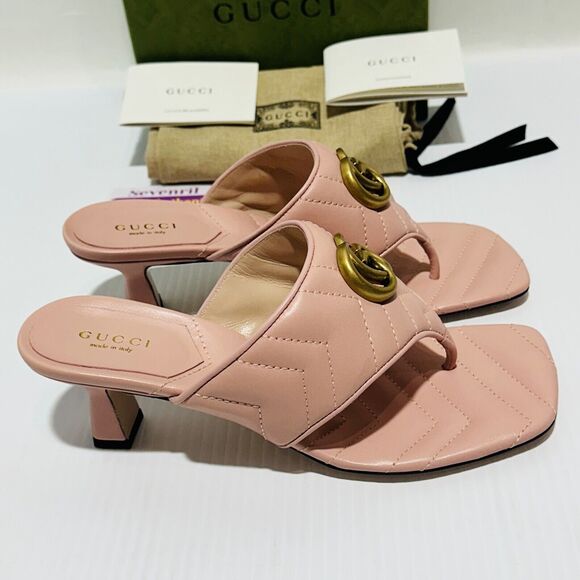 Gucci Marmont Double G 38/ US 8 Thong Pink Chevron Kitten Heel Sandals NIB - Picture 6 of 14